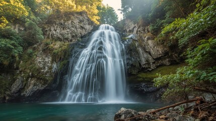 Waterfall in Lush Forest Nature Scene