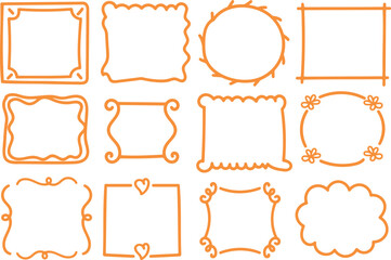 Hand drawn frame set. Rough doodle borders and sketch frames in freehand brush style. Outline shapes for creative and decorative design. Vector illustration
