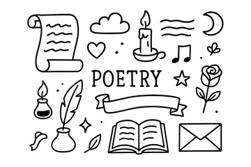Poetic Symbols Illustration. Poetry. Hand-drawn doodle illustration poetry scroll, feather quill, ink pot, candle, book, heart, moon, star, rose, envelope,