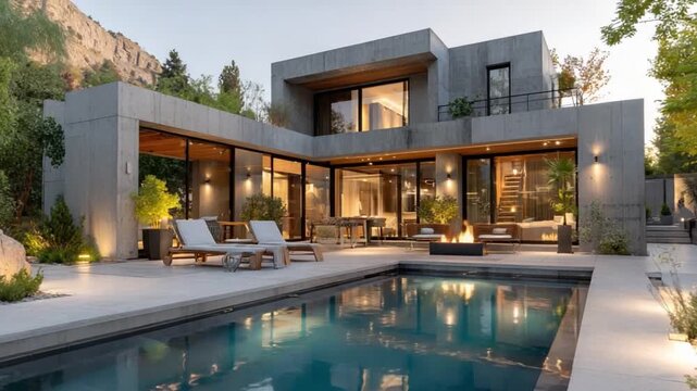 Luxury Villa with Swimming Pool: A stunning contemporary villa boasts a sparkling swimming pool, inviting relaxation and sophistication under a clear sky. With a view of landscape