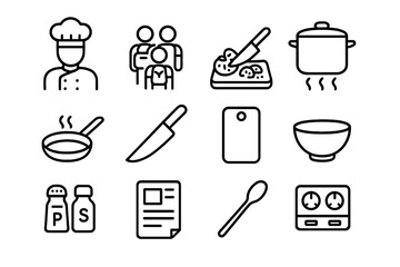 Cooking Class Icons. Food preparation class. Line icon set of Food preparation class: chef, group of travelers, chopping vegetables, cooking pot, frying pan,