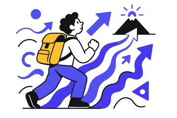 Fototapeta premium Journey to Peak. Upward journey. A character with a backpack looking up at a glowing mountain peak ahead, abstract arrows and waves leading upward. Modern flat
