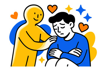 Supportive Embrace. Comforting presence. A glowing figure placing a gentle hand on another?s shoulder, abstract floating hearts and soft stars symbolizing care