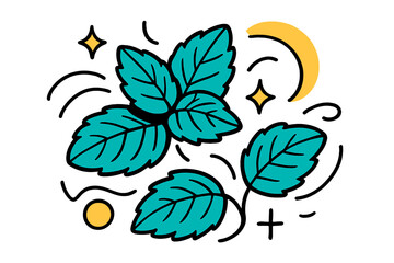 Naklejka premium Refreshing Mint Essence. Mint leaves. Fresh glowing mint sprigs floating with abstract sparkles and curved lines symbolizing refreshing calm and balance.