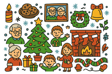 Fototapeta premium Festive Holiday Traditions. Holiday traditions. Colorful Hand-drawn doodle Children illustration Holiday traditions Christmas tree, gifts, grandparents,