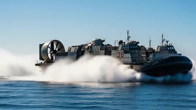 military hovercraft transport swiftly glides over blue sea