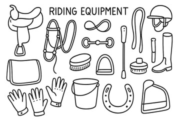 Riding Equipment Icons. Riding Equipment. Hand-drawn doodle illustration Riding Equipment saddle, bridle, reins, bit, riding boots, helmet, stirrup, crop whip,