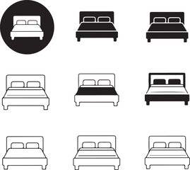Bed icons set depicting various styles on transparent background silhouette
