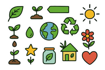 Eco-Friendly Doodle Icons. Minimal Green. Colorful Hand-drawn doodle Children illustration Leaf, sprout, line tag, recycling arrows, earth, seedling, sun,