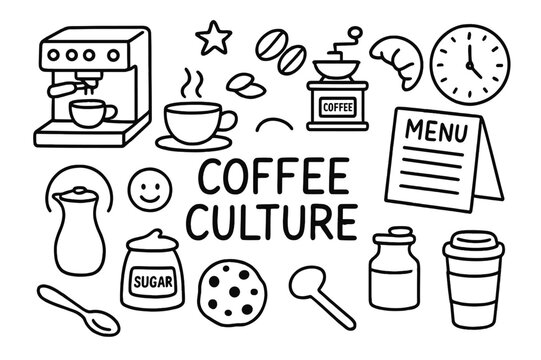 Coffee Culture Doodles. Coffee Culture. Hand-drawn doodle illustration Coffee Culture espresso machine, cup, beans, grinder, croissant, cookie, menu board,