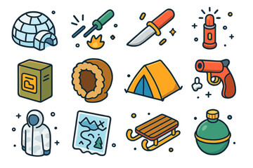Cold Climate Icons. Cold Climate Survival. Colorful isometric vector icons set of Cold Climate Survival: snow shelter, fire starter, survival knife, emergency