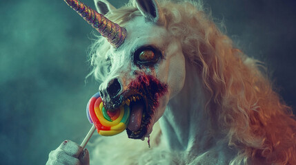 Fluffy zombie unicorn with a glittery horn, eating a rainbow lollipop, isolated on a solid pink background.