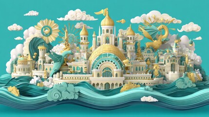 Fototapeta premium Fantasy castle illustration with golden details and turquoise backdrop