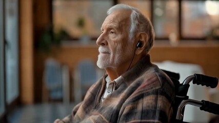 An elderly man in a wheelchair by a window overlooking a garden, listening to music through headphones. Can be used in the context of topics such as caring for the elderly, social support, quality car - Powered by Adobe