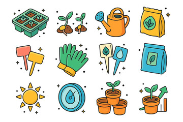 Propagation Icons Set. Propagation. Colorful isometric vector icons set of propagation: seedling trays, germinating seeds, watering can, soil bag, plant