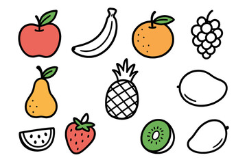 Colorful Fruit Doodles. Fruits. Hand-drawn doodle illustration apple (colored), banana, orange (colored), grapes, pear (colored), pineapple, strawberry