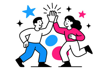 Celebratory High Five. High Five. Friends meeting hands in the air, glowing sparks and abstract floating stars around symbolizing celebration of unity. Modern