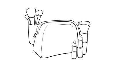 Сosmetic bag with tube of face and body cream in line art style on white background. Body and face care outline. Vector illustration	