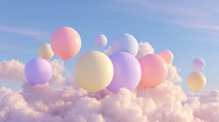 Whimsical pastel balloons float serenely amidst soft, dreamy clouds against a bright blue sky, evoking joy and celebration.