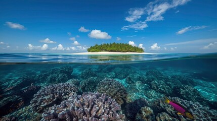 Island paradise with coral reef and tropical fish