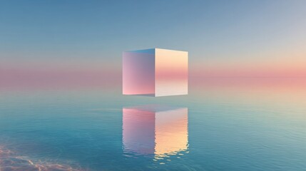 Serene geometric cube floats above tranquil ocean reflecting a soft pastel sunset sky, evoking peace and modern elegance for abstract concepts.