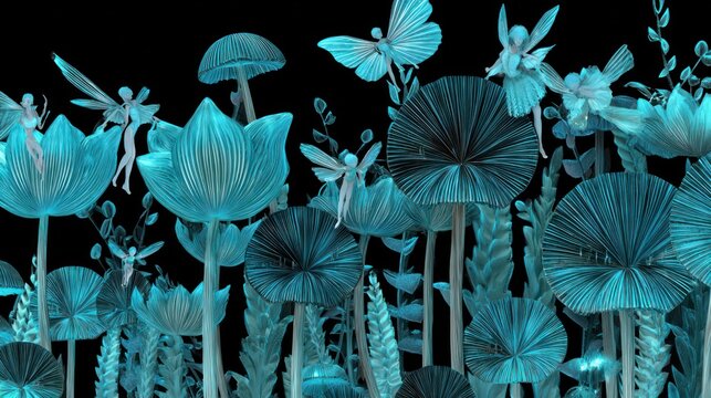 Fantasy scene with glowing turquoise flowers mushrooms and fairies against black