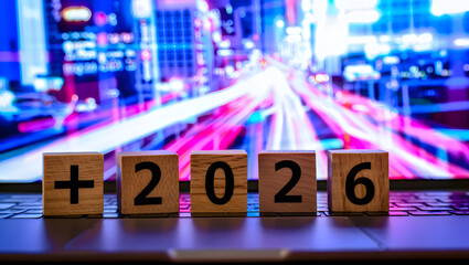 +2026 Futuristic Countdown on Keyboard with City Light Trails