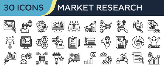 Collection of Market Research icons, related to Market Analysis, Consumer Insight, Focus Group, Market Trends, Competitor Analysis and more. Outline icons vector illustation.