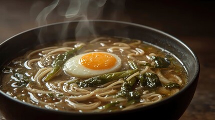 Bowl of hot ramen with egg and greens