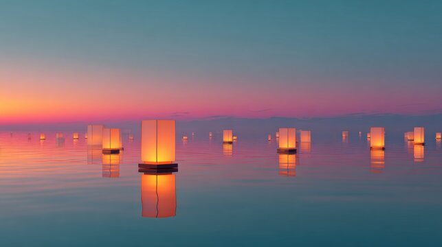 Serene sunset illuminates floating lanterns on tranquil water creating a magical, peaceful ambiance for reflection and celebration