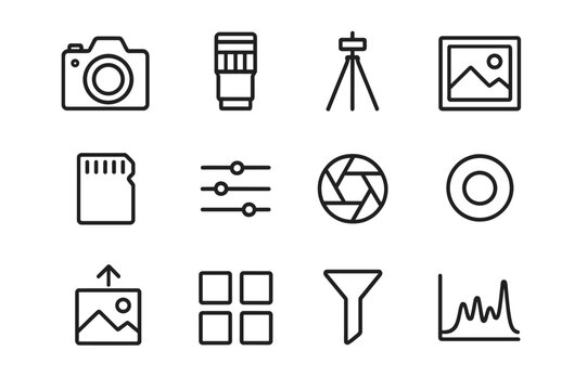 Photography Icon Set. Photography online. Line icon set of Photography online: camera, lens, tripod, photo frame, memory card, editing sliders, aperture icon,