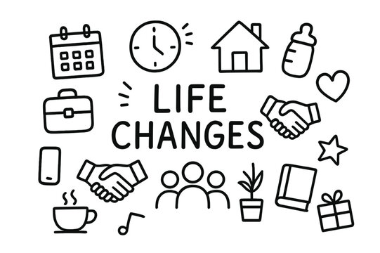 Life's Symbolic Journey. Life changes. Hand-drawn doodle illustration life changes calendar, clock, house, suitcase, baby bottle, heart, handshake, people