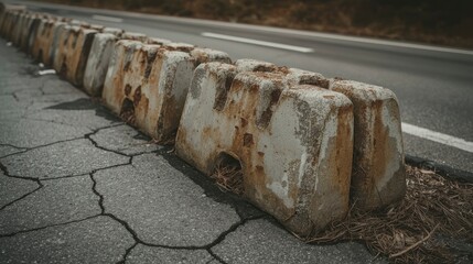 Concrete barriers roadside on cracked pavement