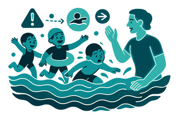 Aquatic Safety Education. Water safety lessons. Glowing instructor teaching children, abstract floating waves and geometric icons emphasizing safety, skill,
