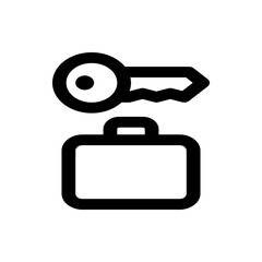 Illustration of a black key positioned above a black briefcase with a handle on a white background