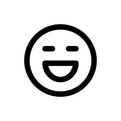 A simple black and white smiley face with a wide smile and closed eyes in a circular outline design style