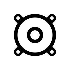 Illustration of a circular speaker with four mounting points in a simple black and white design style