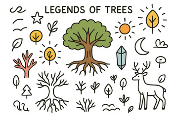 Whimsical Tree Legends. Legends of Trees. Hand-drawn doodle illustration world tree (colored), roots, branches (colored), glowing leaf, spiral (colored), star,