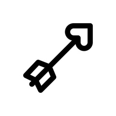 Illustration of a black arrow with a heart shaped tip and fletching on a white background in a simple style