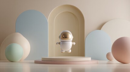 Charming white and gold robot with glowing eyes stands proudly on a modern pedestal, surrounded by soft pastel architectural shapes