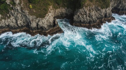 Ocean waves crashing against rocky cliffs