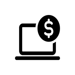 Black and white illustration of a laptop with a dollar sign coin next to it emphasizing online transactions