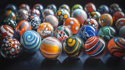 Colorful patterned marbles collection close up shot, vintage childhood games