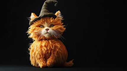 Hybrid pumpkin-cat character with fluffy fur and a stem hat, purring happily, isolated on a solid black background