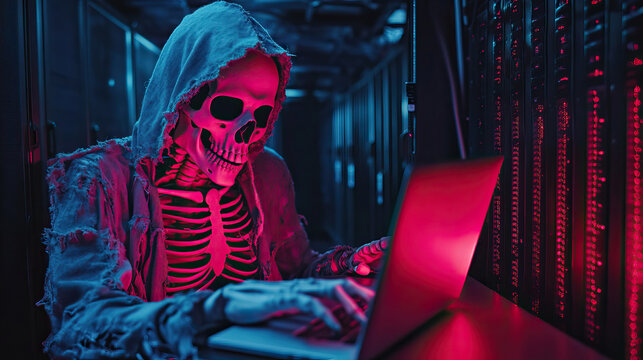 Human skeleton dressed in a frayed hoodie, typing on a glowing laptop in a dark server room.