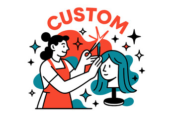 Creative Wig Styling. Creative styling. A hairstylist character adjusting a wig with glowing scissors, while abstract stars and sparks float around. Text