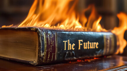 Large book titled The Future, its pages are burning slowly from the edges.