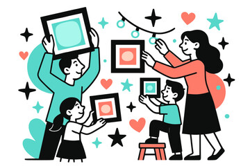 Obraz premium Creative Room Decor. Decorating rooms. A family hanging glowing picture frames and string lights, abstract floating stars and hearts highlighting creativity