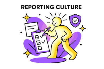 Naklejka premium Glowing Worker Accountability. Reporting Culture. A glowing worker filling a checklist, abstract floating icons of papers, shields, and spark shapes