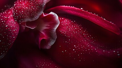 Detailed close up of red orchid petals with water droplets shining beauty